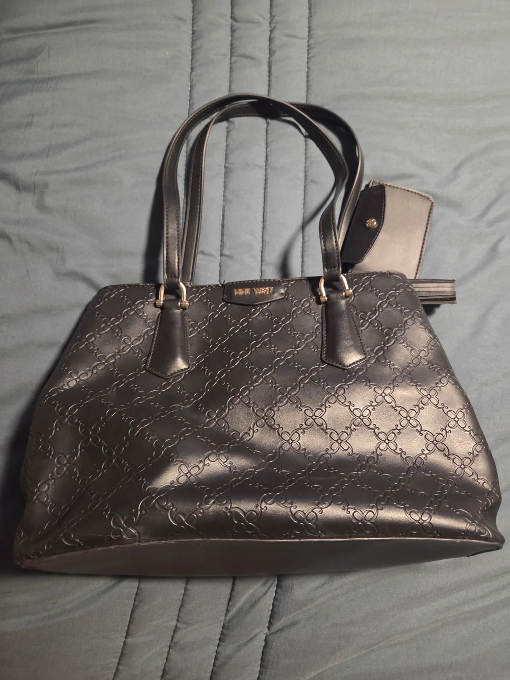 Black Women's Tote Bag with Embossed Pattern NINE WEST W/Small Wallet Attached